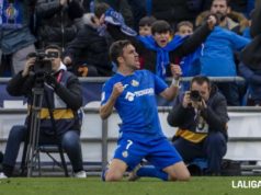 Jaime Mata celebra un gol con el Getafe en LaLiga EA Sports