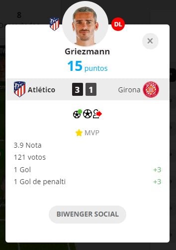Griezmann puntuación Biwenger Social
