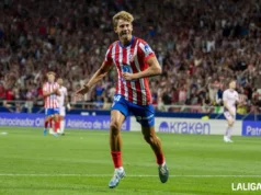 Marcos Llorente celebra un gol con el Atlético de Madrid en LaLiga EA Sports