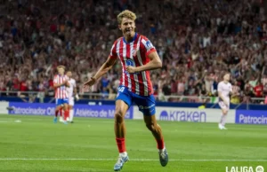 Marcos Llorente celebra un gol con el Atlético de Madrid en LaLiga EA Sports