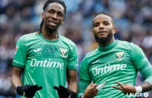Valentin Rosier y Neyou celebran un gol con el CD Leganés en LaLiga EA Sports