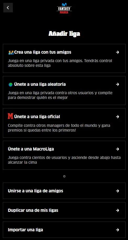 Pantalla de inicio para crear una liga en Fantasy Marca