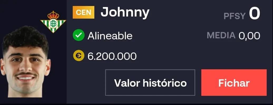 Perfil en La Liga Fantasy DAZN de Jonny Cardoso mostrando su valor de mercado del 17 de julio de 2025