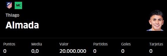 Perfil de Thiago Almada en Fantasy Marca mostrando su valor de salida al mercado