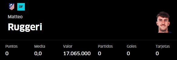 Perfil de Matteo Rugieri en Fantasy Marca indicando su valor en Biwenger el 16 de julio de 2025