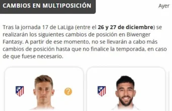 Biwenger cambios de posición