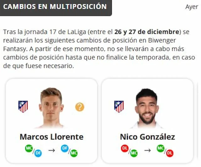 Biwenger cambios de posición Biwenger cambios de posición
